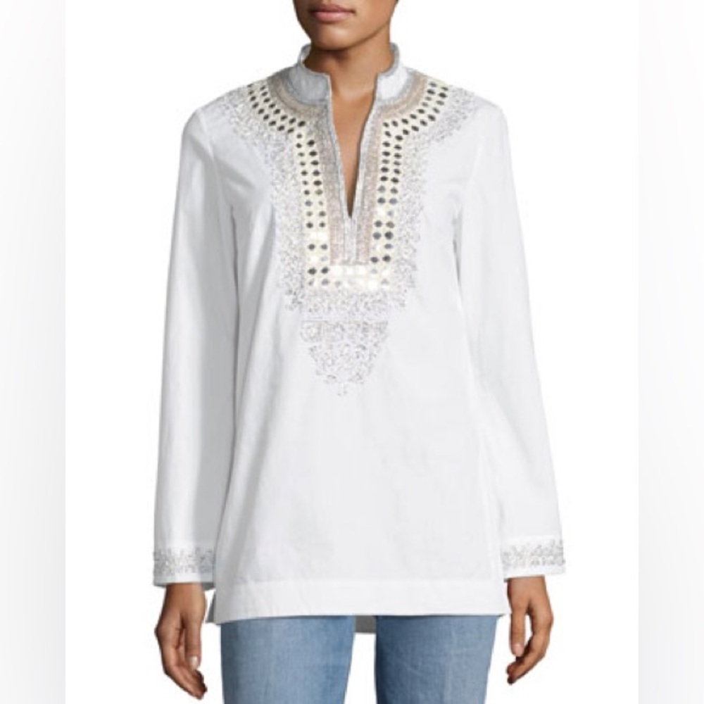 NWT Tory Burch Long-Sleeve Split-Neck Embellished Tory Tunic White Size 8